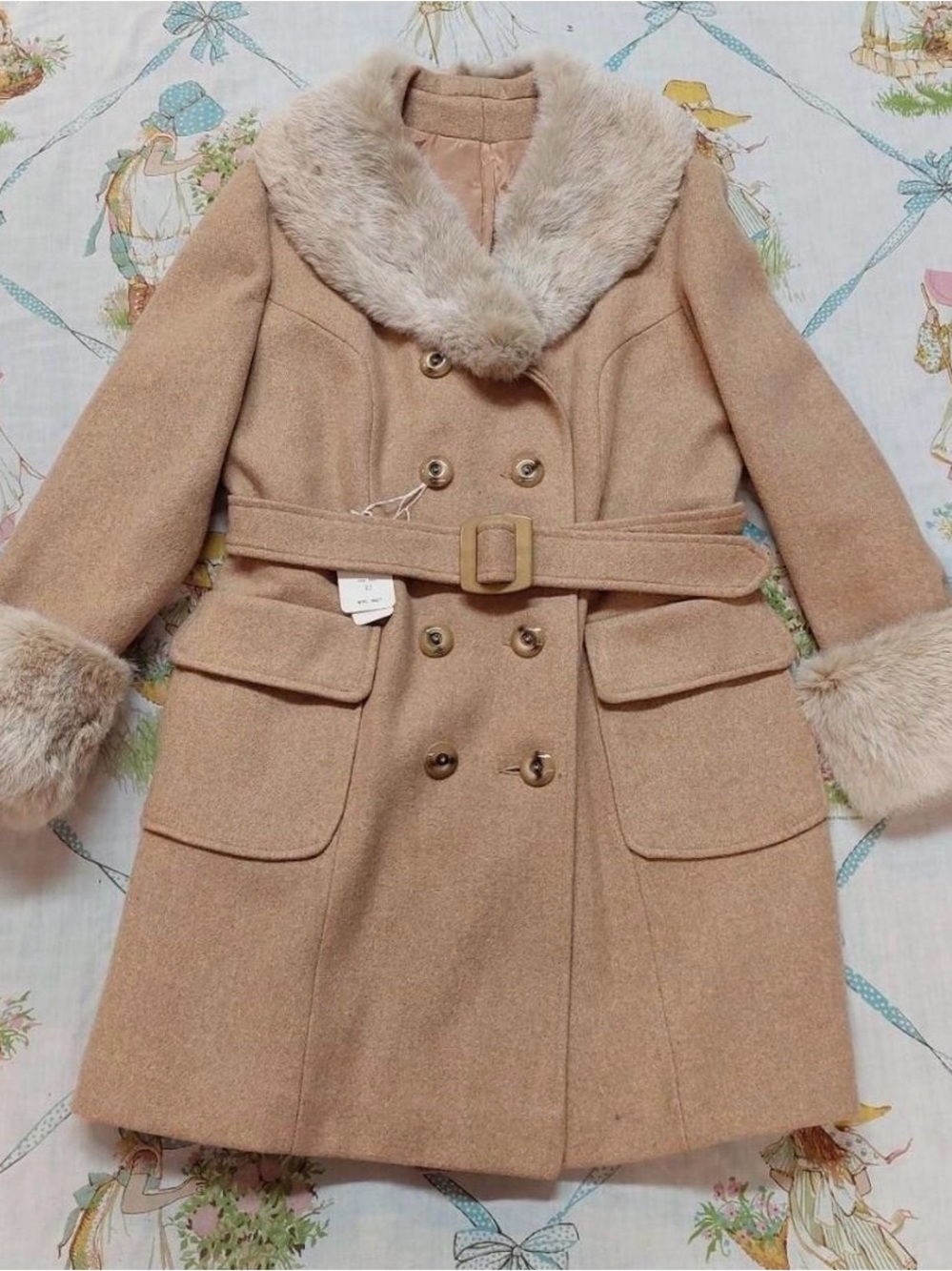 Vintage Tan Wool Penny Lane Coat Fur Trim Deadstock New With Tags